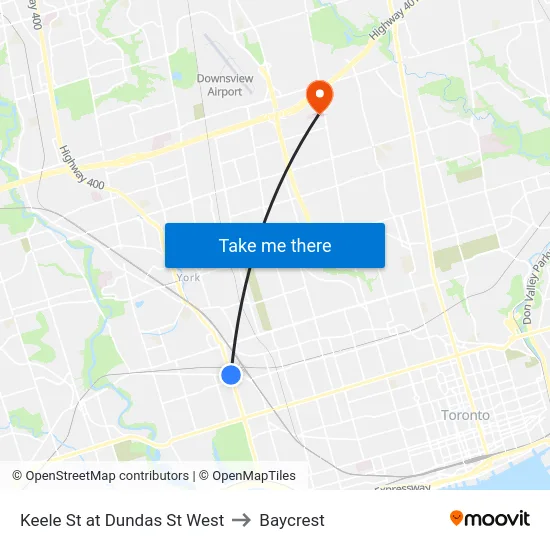 Keele St at Dundas St West to Baycrest map
