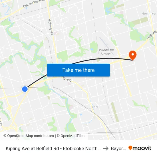 Kipling Ave at Belfield Rd - Etobicoke North Go Station to Baycrest map