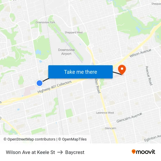 Wilson Ave at Keele St to Baycrest map