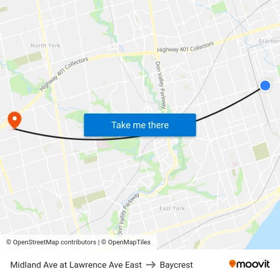 Midland Ave at Lawrence Ave East to Baycrest map