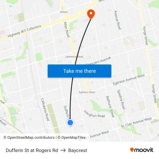 Dufferin St at Rogers Rd to Baycrest map
