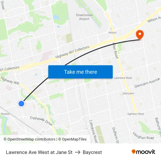Lawrence Ave West at Jane St to Baycrest map