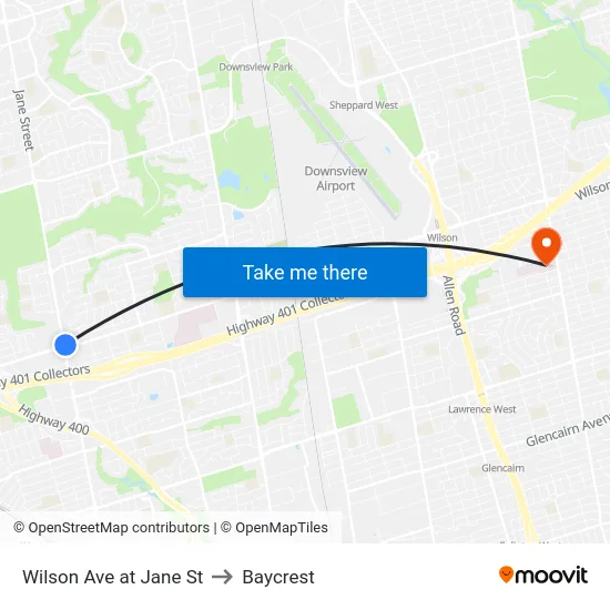 Wilson Ave at Jane St to Baycrest map