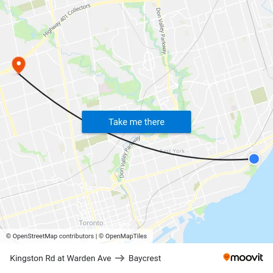 Kingston Rd at Warden Ave to Baycrest map