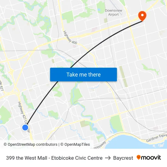 399 the West Mall - Etobicoke Civic Centre to Baycrest map