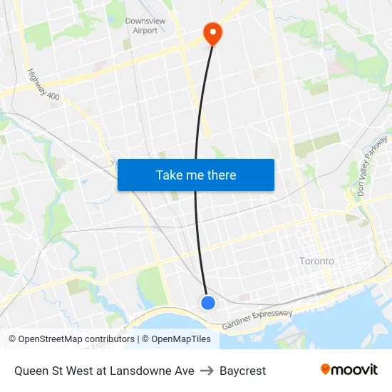 Queen St West at Lansdowne Ave to Baycrest map