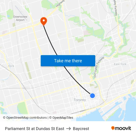 Parliament St at Dundas St East to Baycrest map