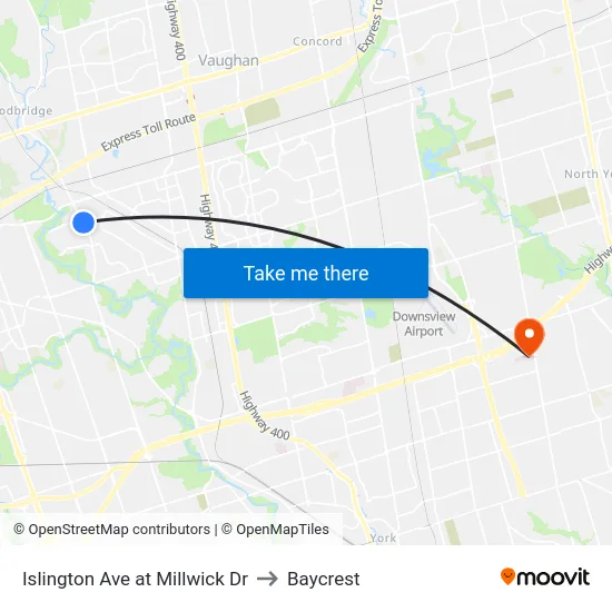 Islington Ave at Millwick Dr to Baycrest map