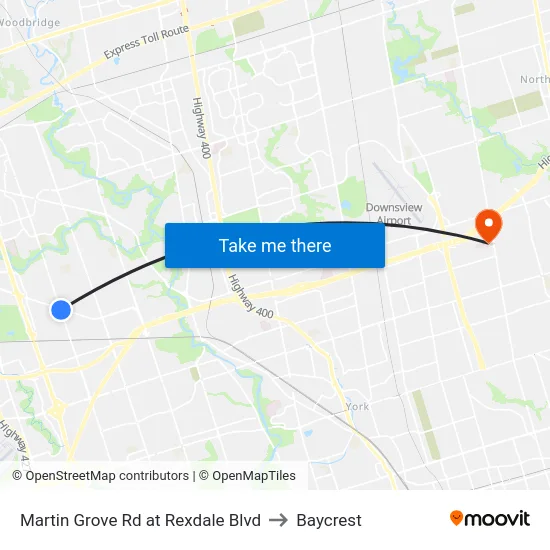 Martin Grove Rd at Rexdale Blvd to Baycrest map