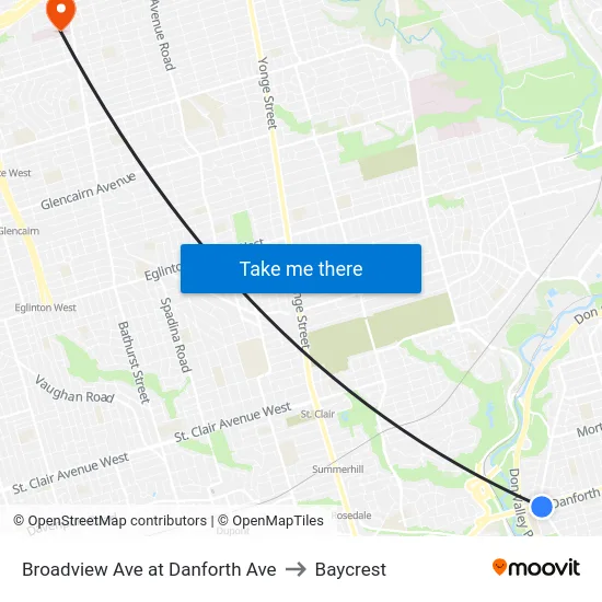 Broadview Ave at Danforth Ave to Baycrest map
