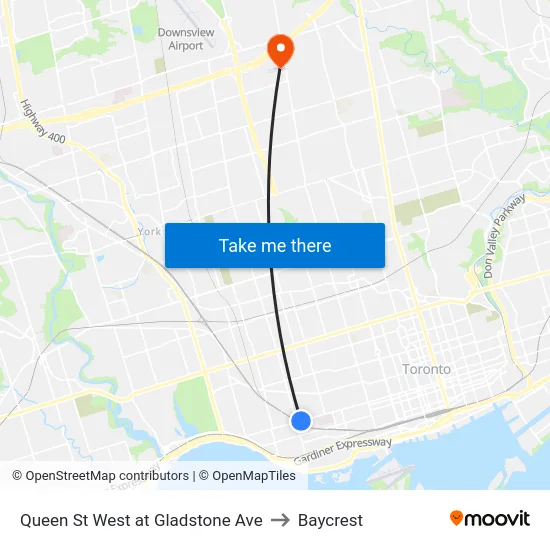 Queen St West at Gladstone Ave to Baycrest map