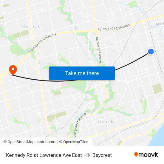 Kennedy Rd at Lawrence Ave East to Baycrest map