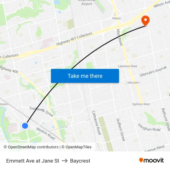 Emmett Ave at Jane St to Baycrest map