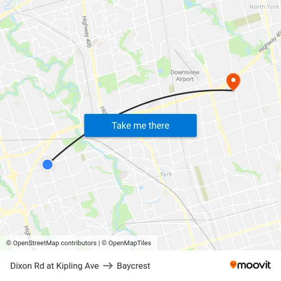 Dixon Rd at Kipling Ave to Baycrest map
