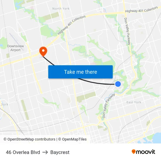 46 Overlea Blvd to Baycrest map
