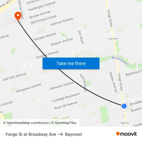 Yonge St at Broadway Ave to Baycrest map