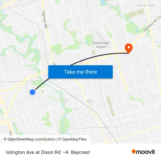 Islington Ave at Dixon Rd to Baycrest map