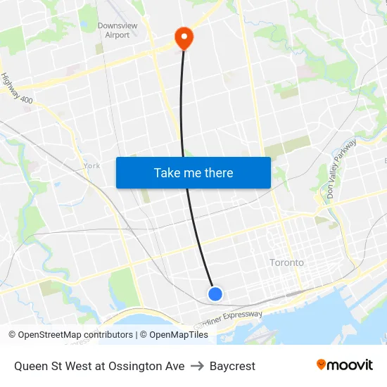 Queen St West at Ossington Ave to Baycrest map
