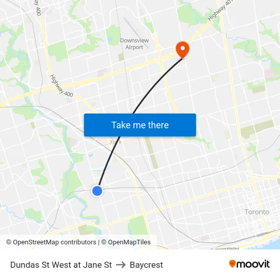 Dundas St West at Jane St to Baycrest map