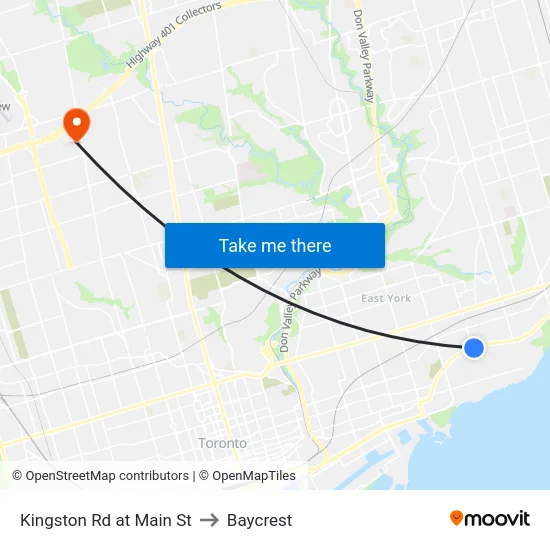 Kingston Rd at Main St to Baycrest map