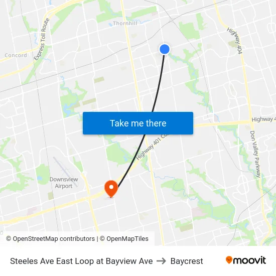 Steeles Ave East Loop at Bayview Ave to Baycrest map