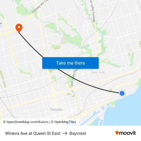 Wineva Ave at Queen St East to Baycrest map
