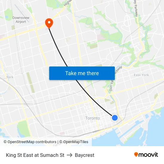 King St East at Sumach St to Baycrest map