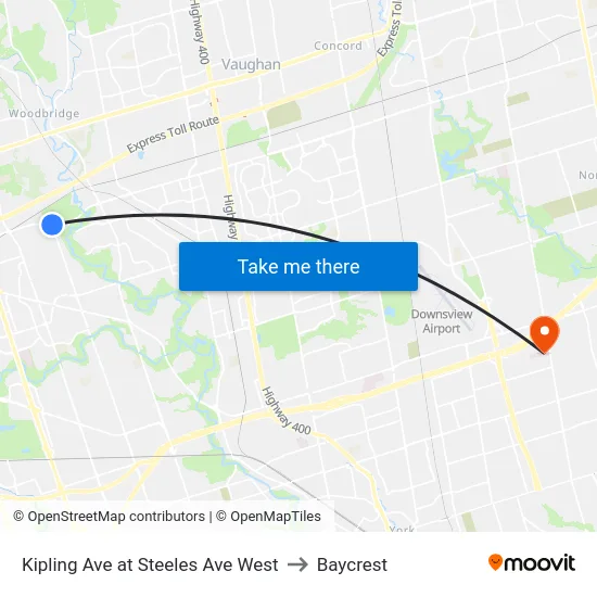 Kipling Ave at Steeles Ave West to Baycrest map