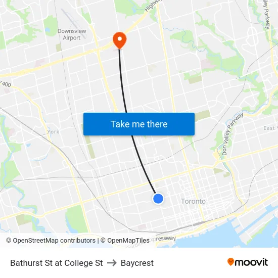 Bathurst St at College St to Baycrest map
