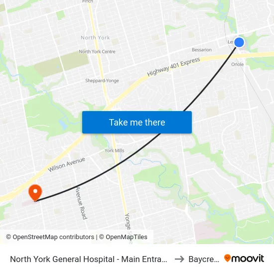 North York General Hospital - Main Entrance to Baycrest map