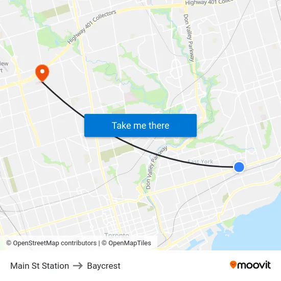 Main St Station to Baycrest map