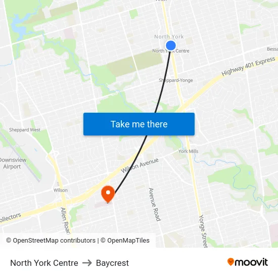 North York Centre to Baycrest map