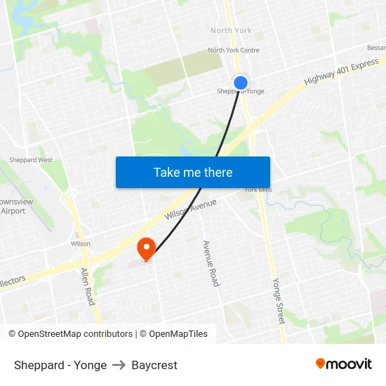 Sheppard - Yonge to Baycrest map