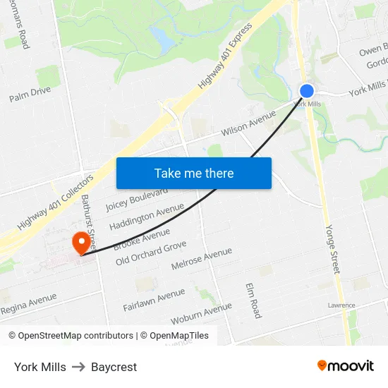York Mills to Baycrest map