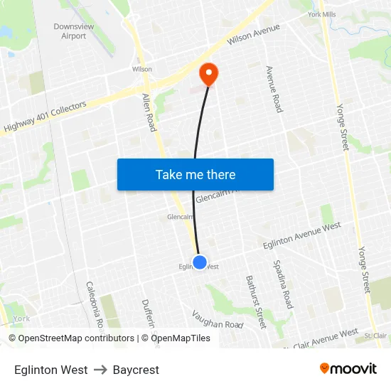 Eglinton West to Baycrest map