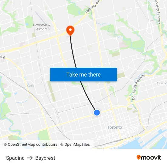 Spadina to Baycrest map