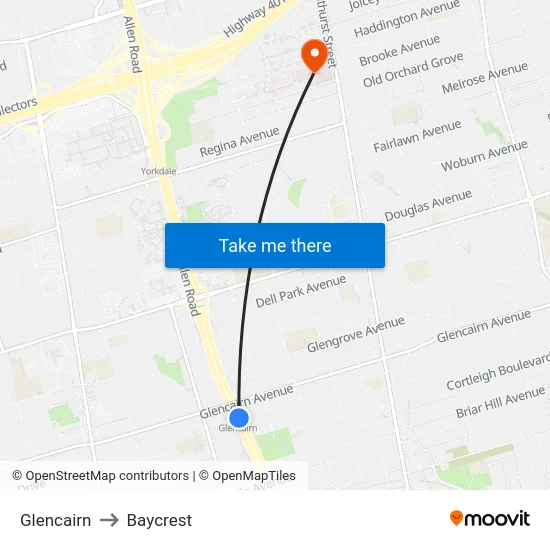Glencairn to Baycrest map