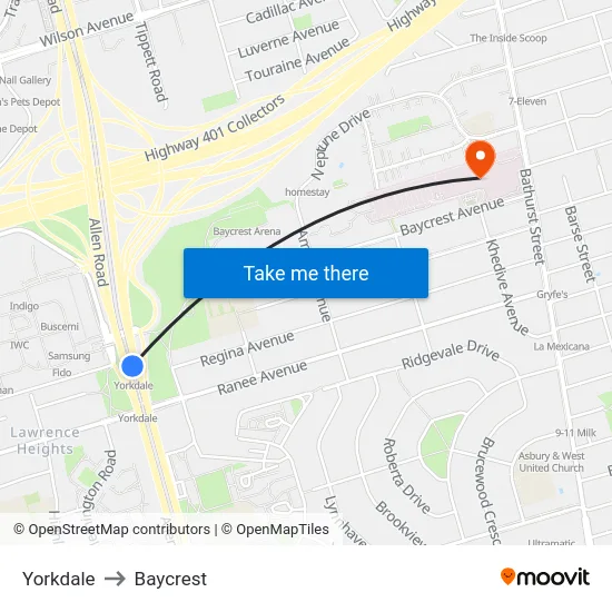 Yorkdale to Baycrest map