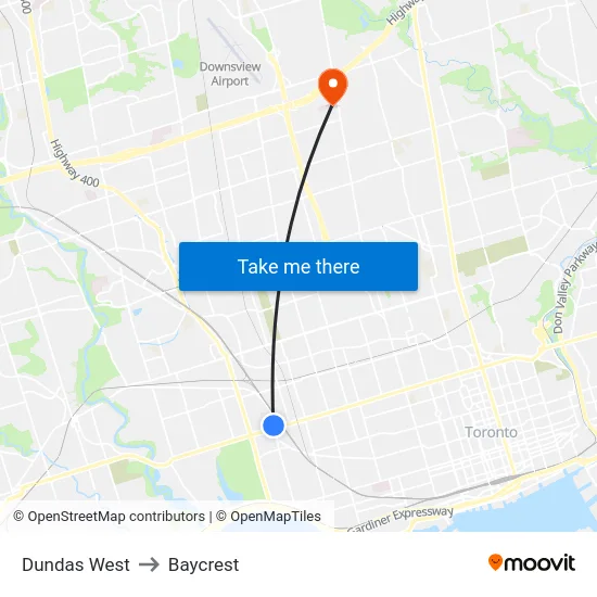 Dundas West to Baycrest map