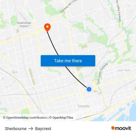 Sherbourne to Baycrest map
