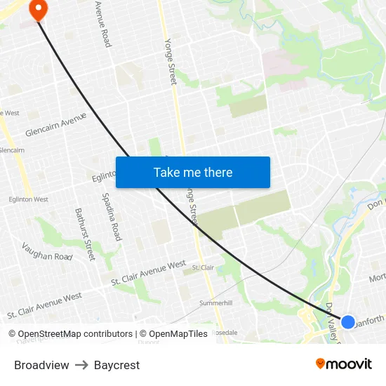 Broadview to Baycrest map