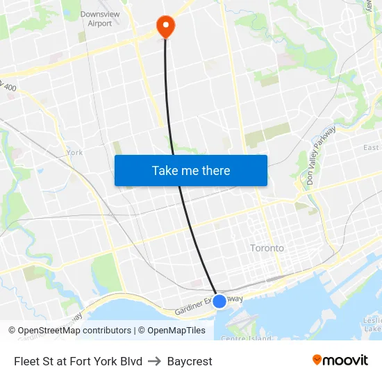 Fleet St at Fort York Blvd to Baycrest map