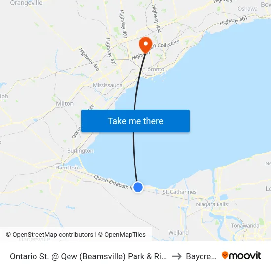 Ontario St. @ Qew (Beamsville) Park & Ride to Baycrest map
