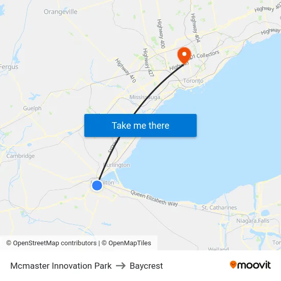 Mcmaster Innovation Park to Baycrest map