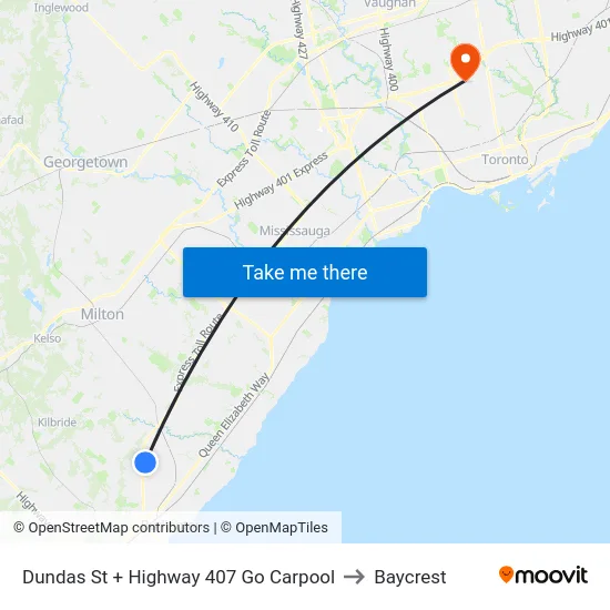 Dundas St + Highway 407 Go Carpool to Baycrest map