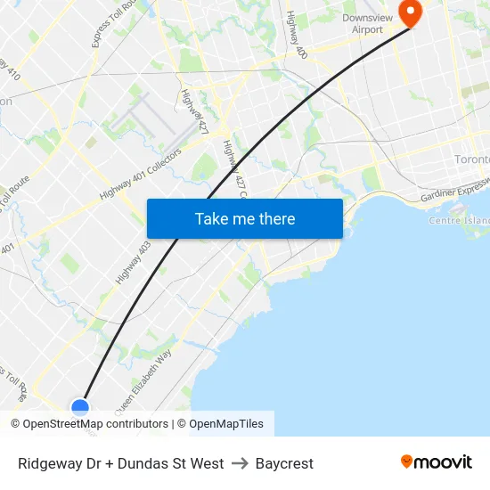 Ridgeway Dr + Dundas St West to Baycrest map