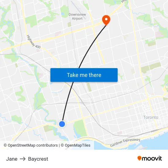 Jane to Baycrest map