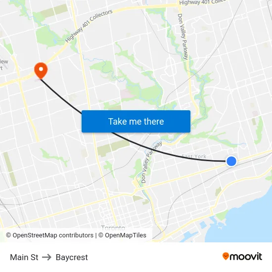 Main St to Baycrest map