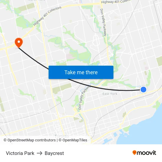Victoria Park to Baycrest map