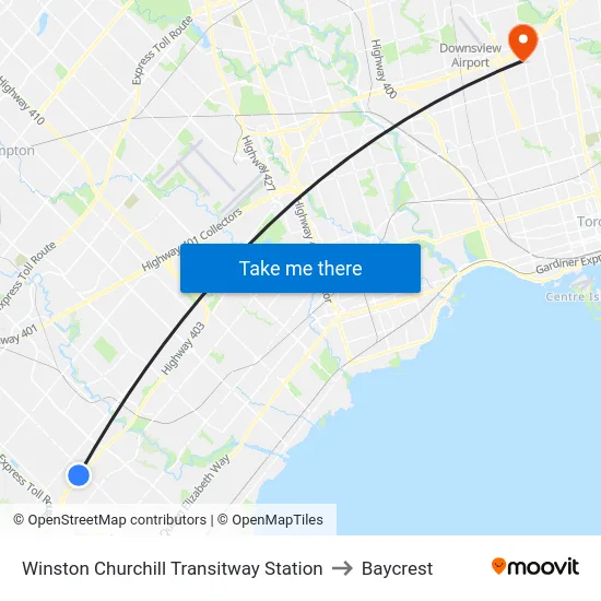 Winston Churchill Transitway Station to Baycrest map